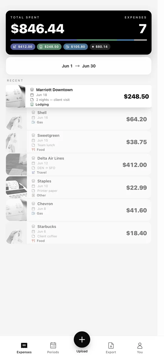 BillBack expense list showing receipt photos, merchant names, dates and amounts using illustrative expenses