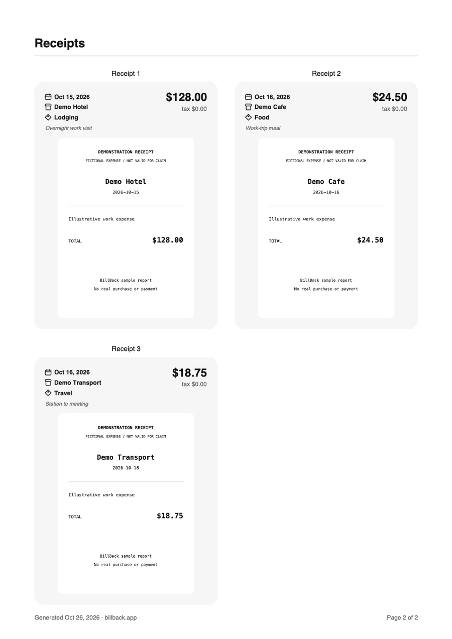 Supporting receipt pages included in the example BillBack expense report